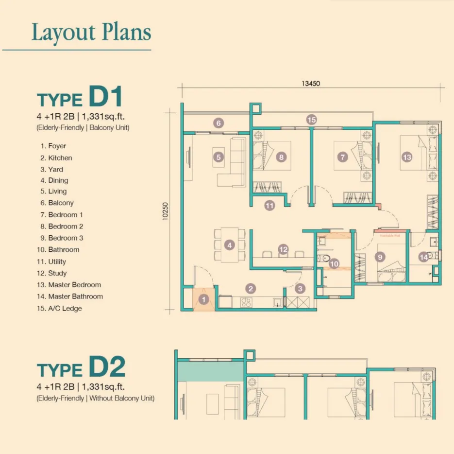 D'Tessera Type D1(Elderly-Friendly, Balcony) floor plan, about 1331 sq ft, 2 bathrooms