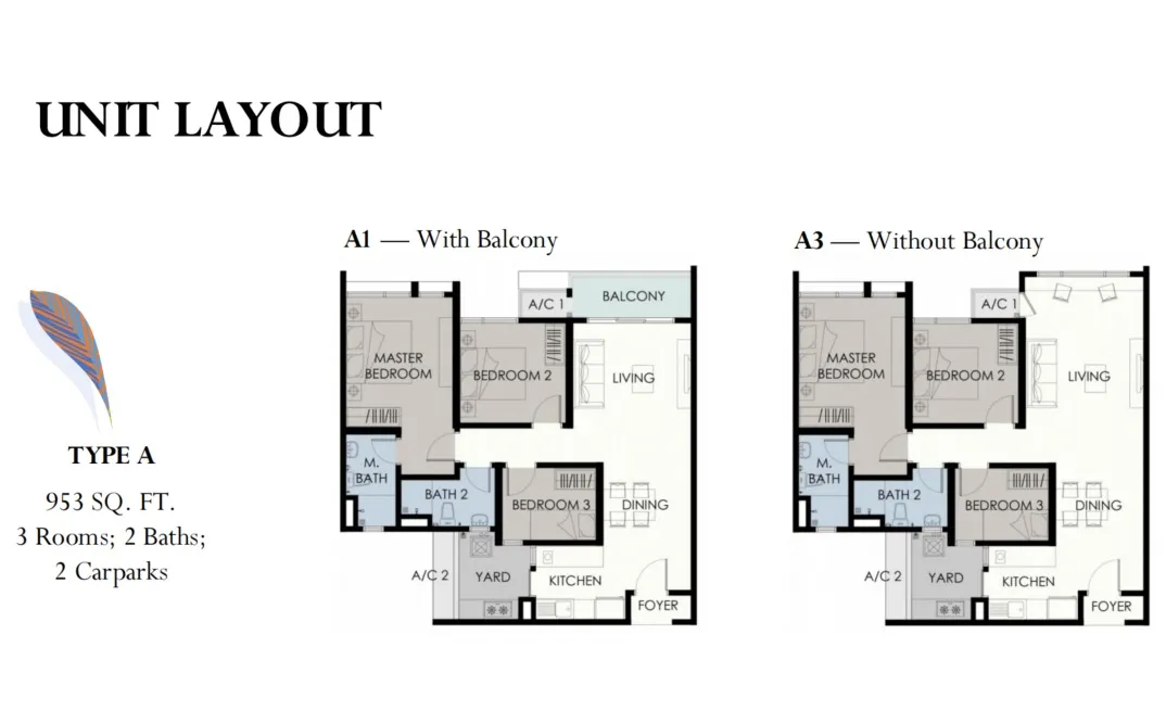 Forest Hill Type A floor plan, about 953 sq ft