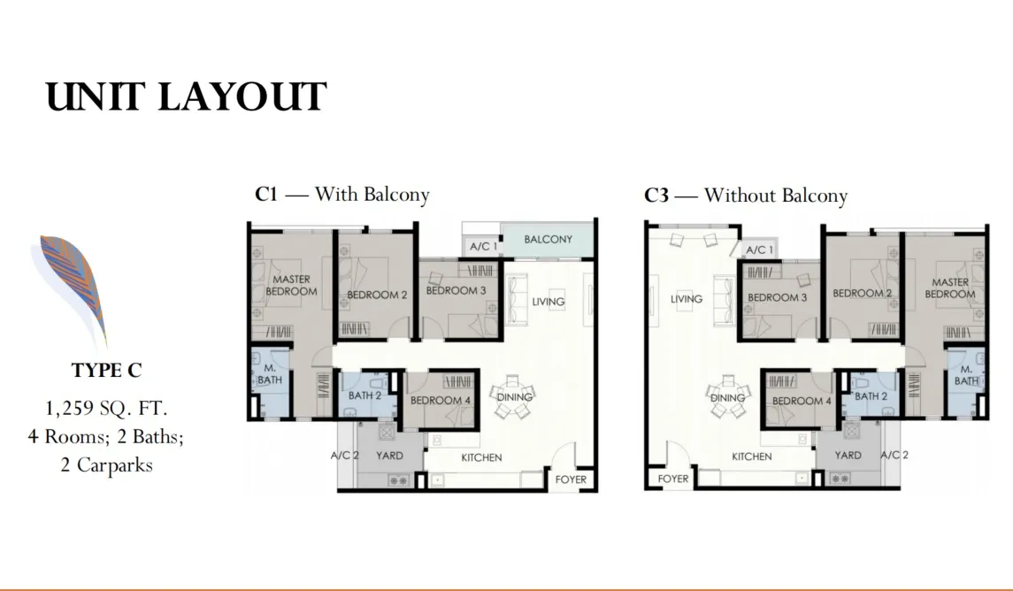 Forest Hill Type C floor plan, about 1259 sq ft