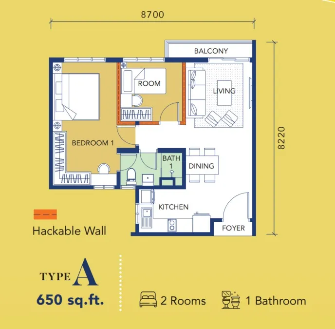 GenStarz Type A floor plan, about 650 sq ft, 2 bedrooms, 1 bathroom