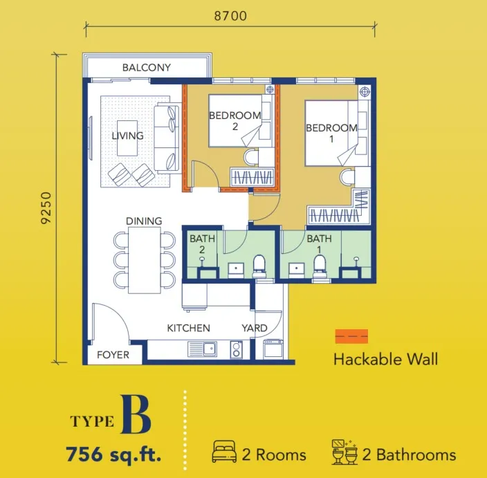 GenStarz Type B floor plan, about 756 sq ft, 2 bedrooms, 2 bathrooms