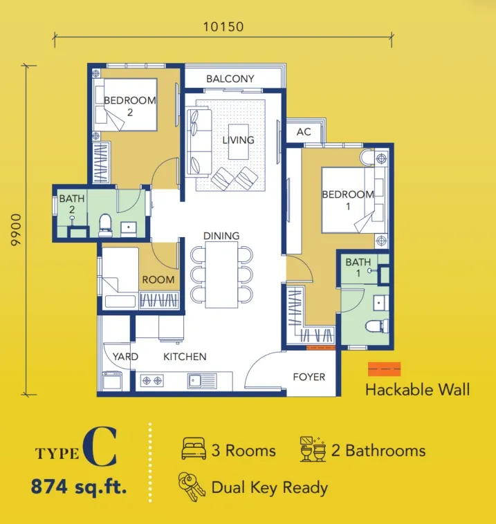 GenStarz Type C(Dual Key Ready) floor plan, about 874 sq ft, 3 bedrooms, 2 bathrooms