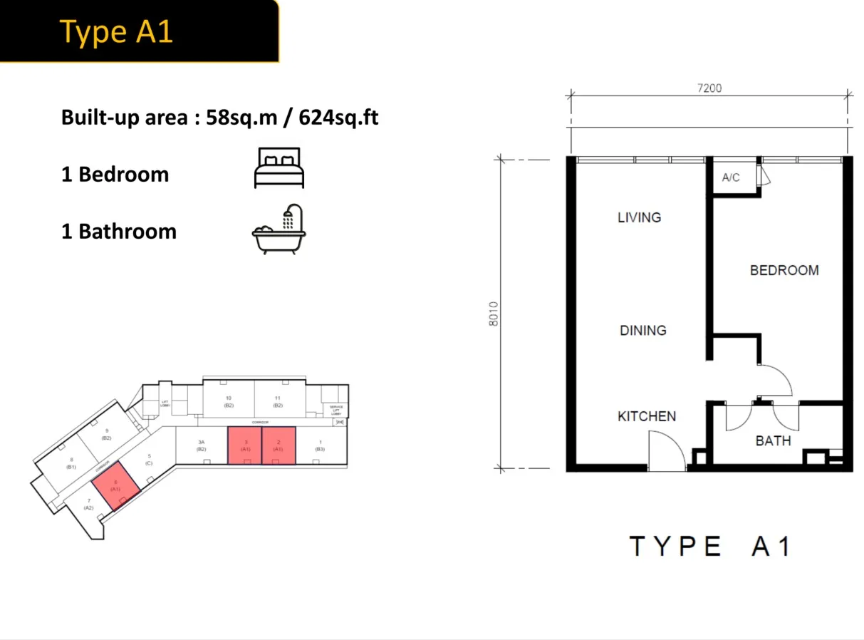 Golden Crown Type A1 floor plan, about 624 sq ft, 1 bedroom, 1 bathroom