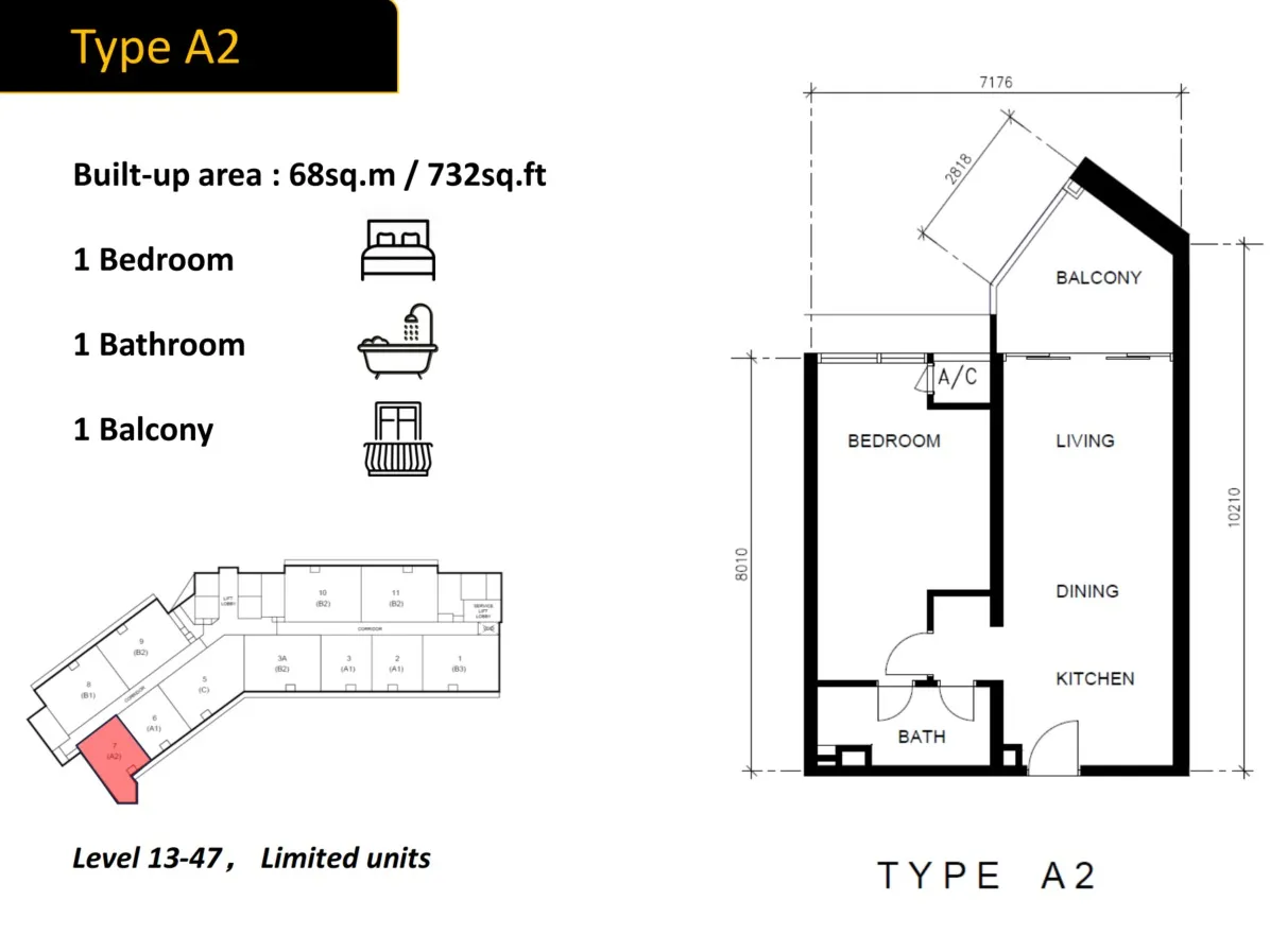 Golden Crown Type A2(Balcony) floor plan, about 732 sq ft, 1 bedroom, 1 bathroom