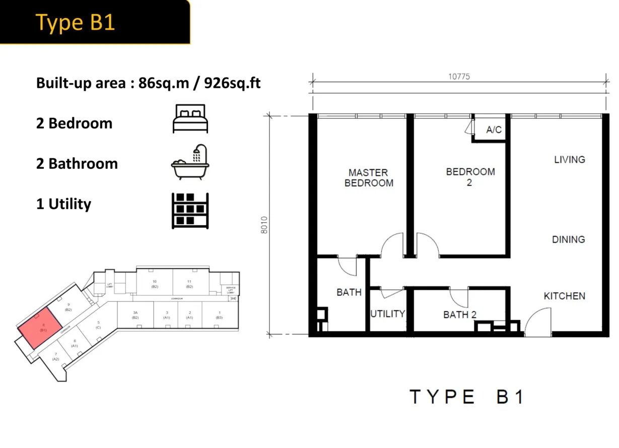 Golden Crown Type B1 floor plan, about 926 sq ft, 2 bathrooms