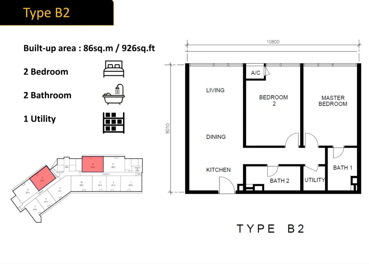 Golden Crown Type B2 floor plan, about 926 sq ft, 2 bathrooms