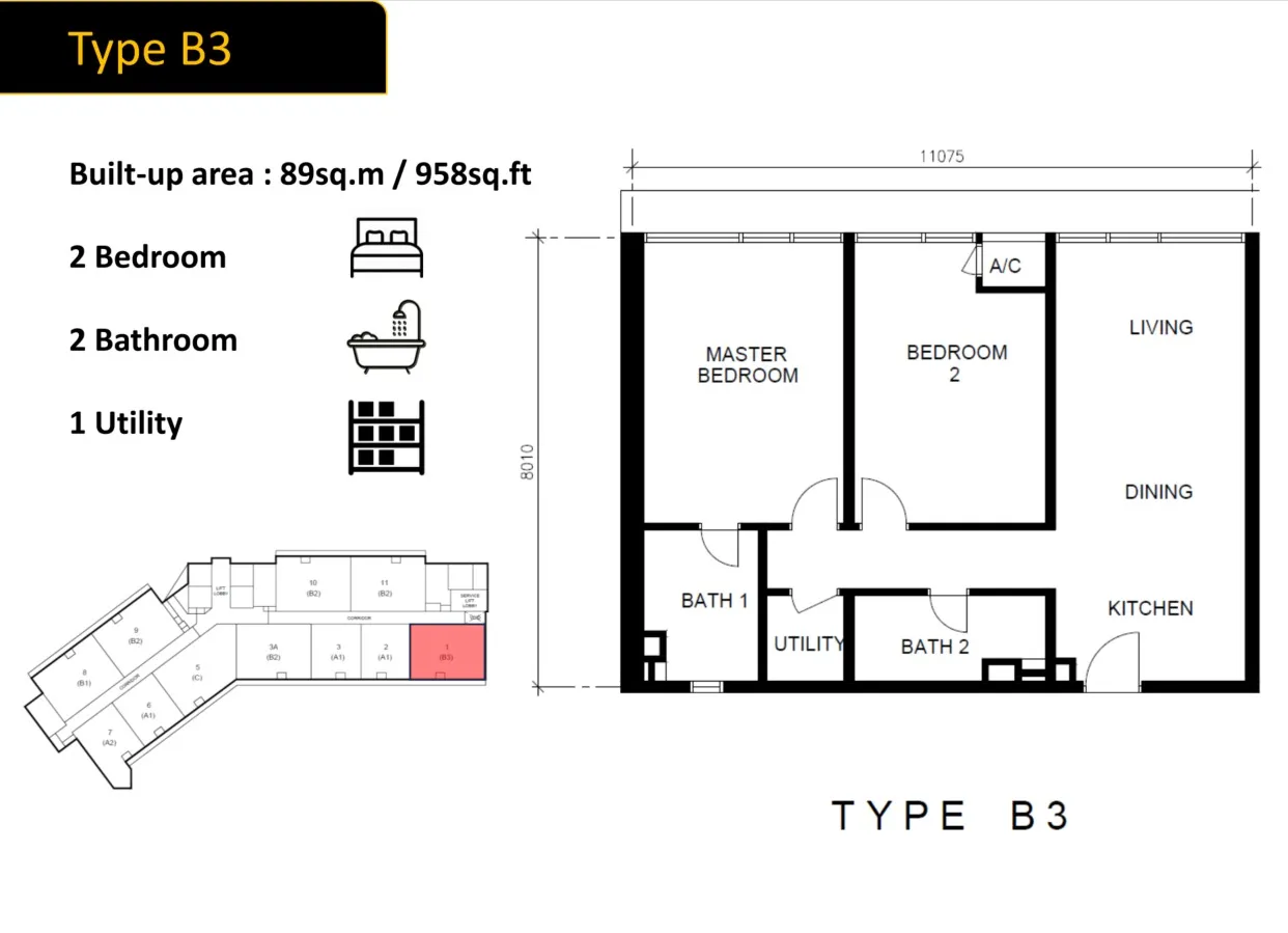 Golden Crown Type B3 floor plan, about 958 sq ft, 2 bathrooms