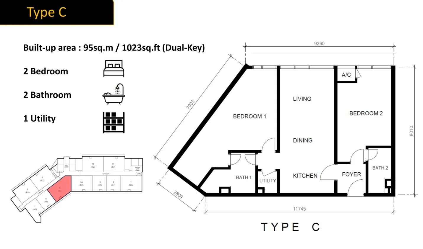 Golden Crown Type C(Dual-key) floor plan, about 1023 sq ft, 2 bathrooms