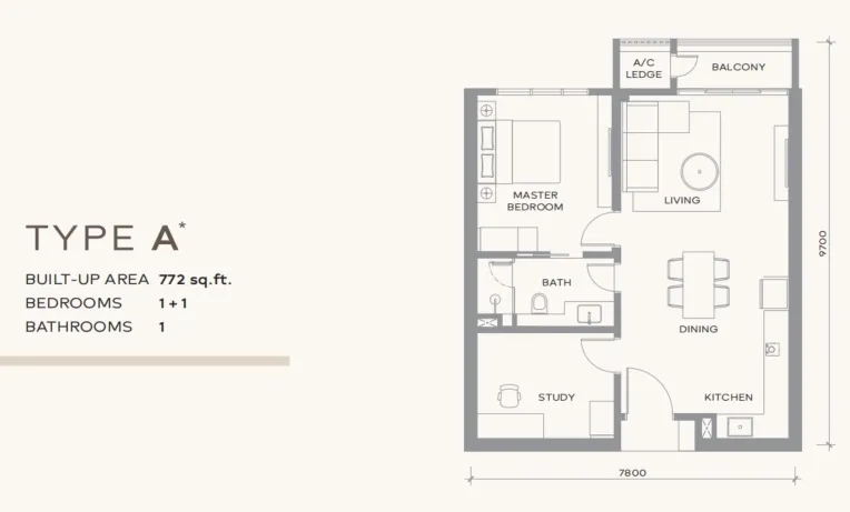 Khaya Residence Type A floor plan, about 772 sq ft, 1 bathroom