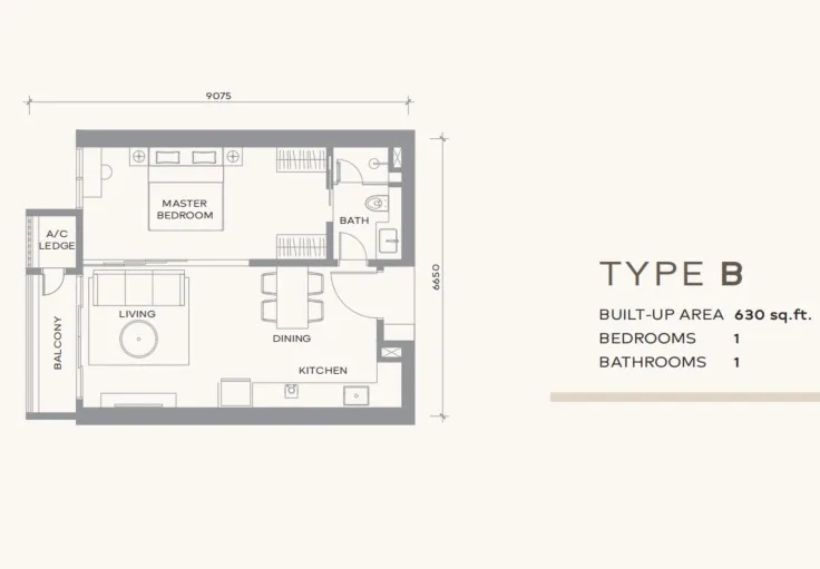 Khaya Residence Type B floor plan, about 630 sq ft, 1 bedroom, 1 bathroom