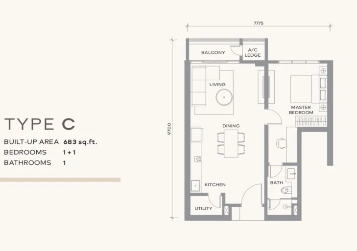 Khaya Residence Type C floor plan, about 683 sq ft, 1 bathroom