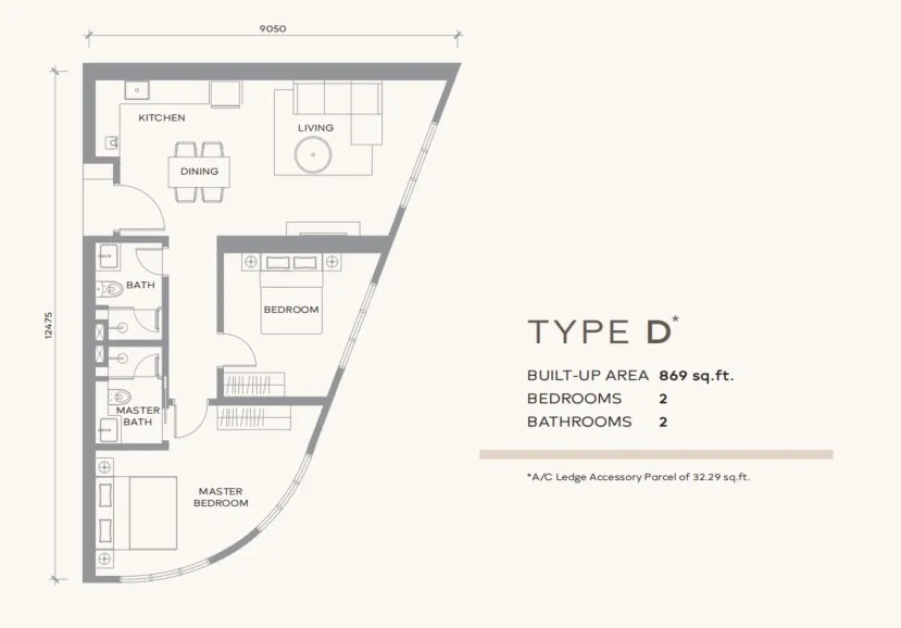 Khaya Residence Type D floor plan, about 869 sq ft, 2 bedrooms, 2 bathrooms