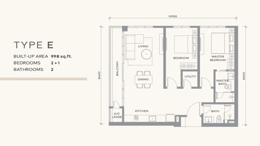Khaya Residence Type E floor plan, about 998 sq ft, 2 bathrooms