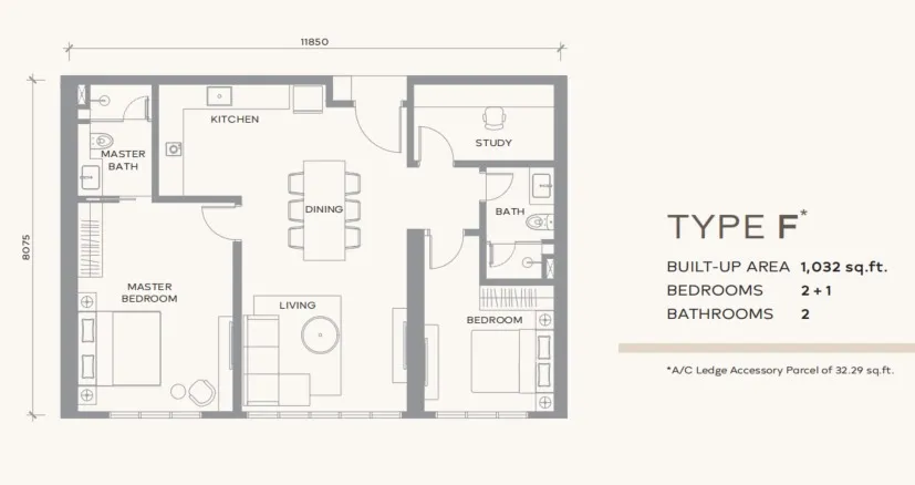 Khaya Residence Type F floor plan, about 1032 sq ft, 2 bathrooms