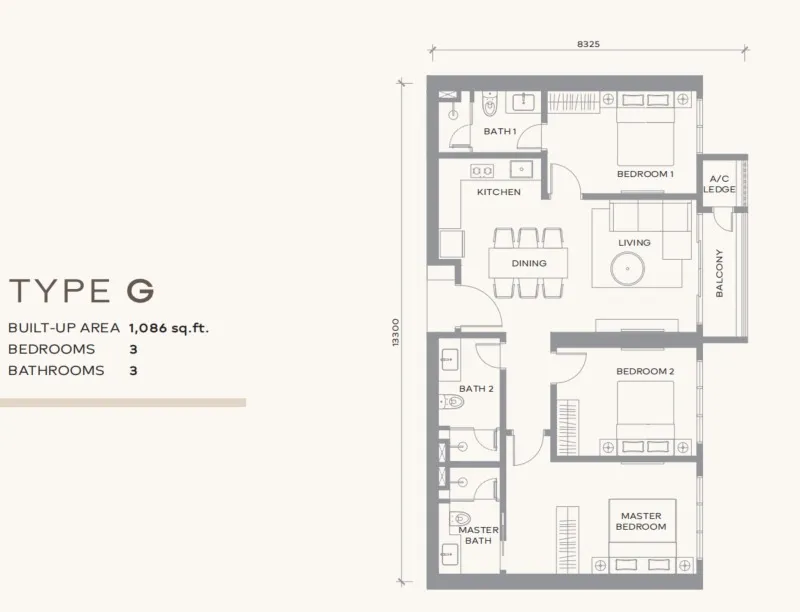 Khaya Residence Type G floor plan, about 1086 sq ft, 3 bedrooms, 3 bathrooms