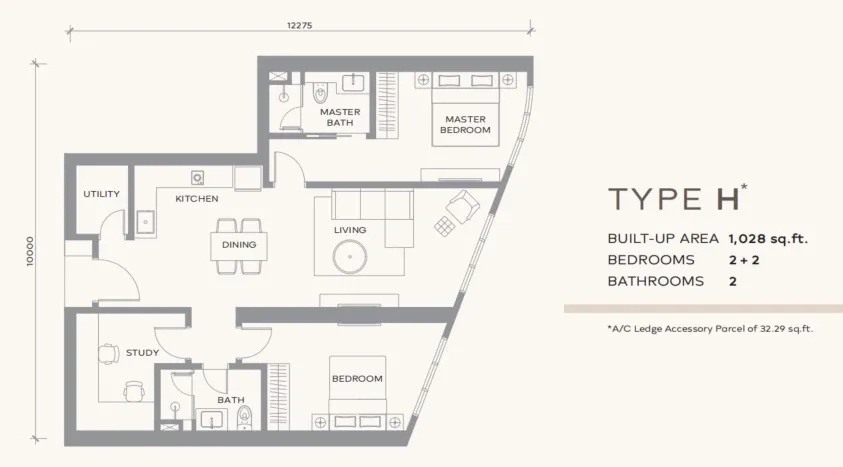 Khaya Residence Type H floor plan, about 1028 sq ft, 2 bathrooms