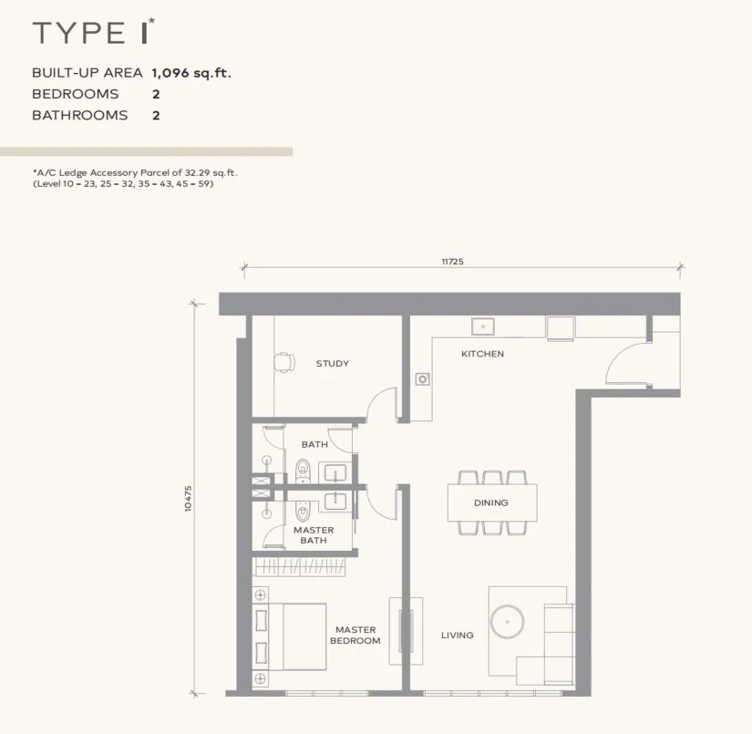 Khaya Residence Type I floor plan, about 1096 sq ft, 2 bedrooms, 2 bathrooms