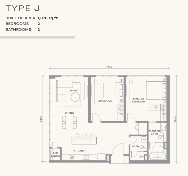 Khaya Residence Type J floor plan, about 1070 sq ft, 2 bedrooms, 2 bathrooms