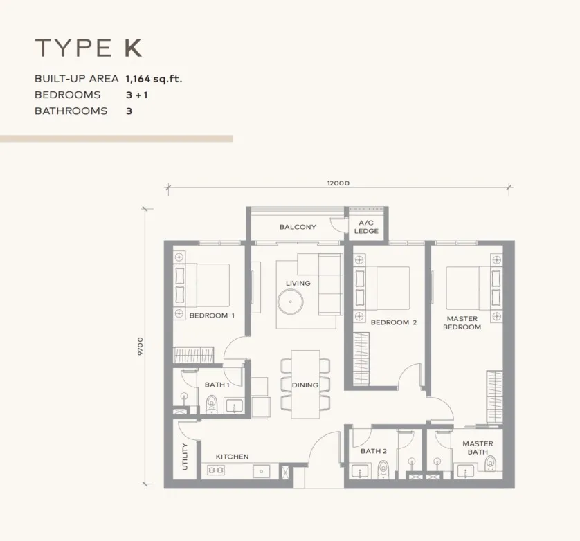 Khaya Residence Type K floor plan, about 1164 sq ft, 3 bathrooms