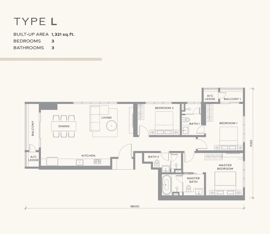 Khaya Residence Type L floor plan, about 1321 sq ft, 3 bedrooms, 3 bathrooms