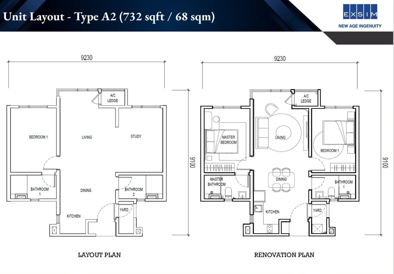 Lighthauz Type A2(Non Balcony) floor plan, about 732 sq ft, 2 bathrooms