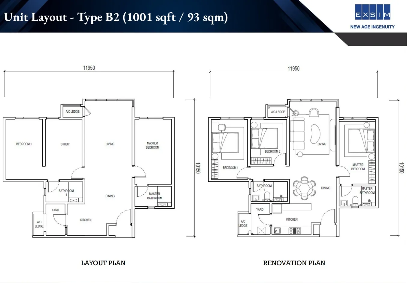 Lighthauz Type B2(Non Balcony) floor plan, about 1001 sq ft, 2 bathrooms