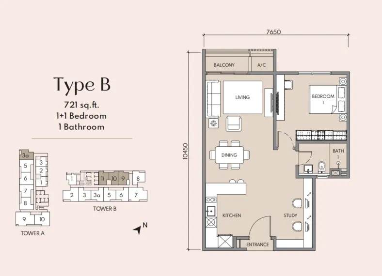 Luminar Residence (Federal Avenue) Type B floor plan, about 721 sq ft, 1 bathroom