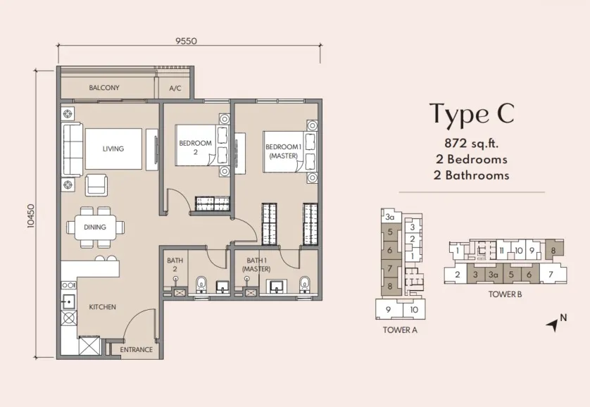 Luminar Residence (Federal Avenue) Type C floor plan, about 872 sq ft, 2 bedrooms, 2 bathrooms