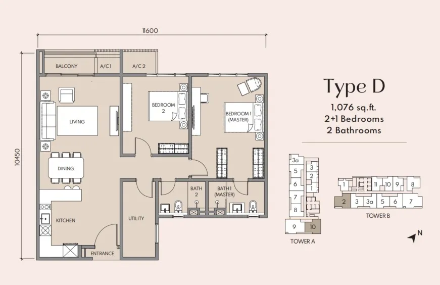 Luminar Residence (Federal Avenue) Type D floor plan, about 1076 sq ft, 2 bathrooms
