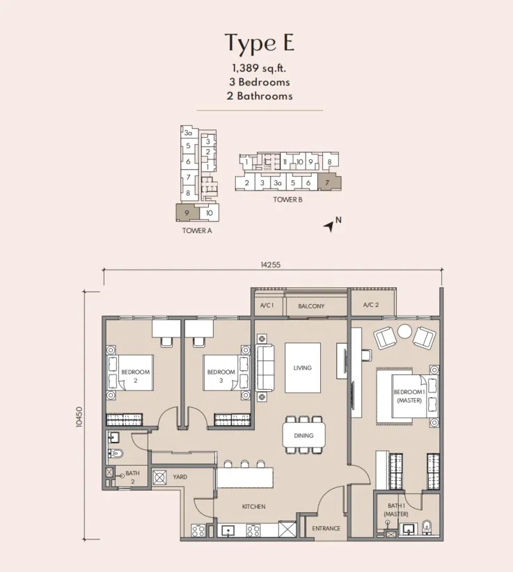 Luminar Residence (Federal Avenue) Type E floor plan, about 1389 sq ft, 3 bedrooms, 2 bathrooms