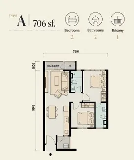 M Aspira Type A floor plan, about 706 sq ft, 2 bedrooms, 2 bathrooms