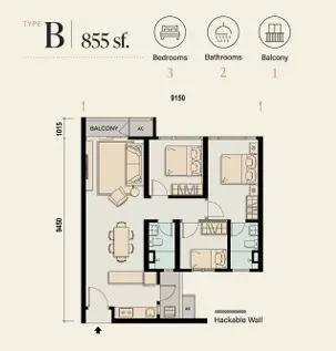 M Aspira Type B floor plan, about 855 sq ft, 3 bedrooms, 2 bathrooms