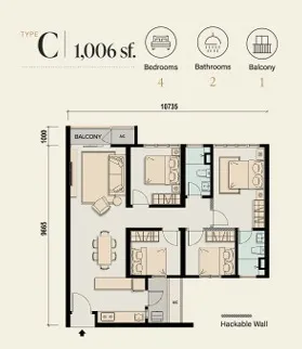 M Aspira Type C floor plan, about 1006 sq ft, 4 bedrooms, 2 bathrooms