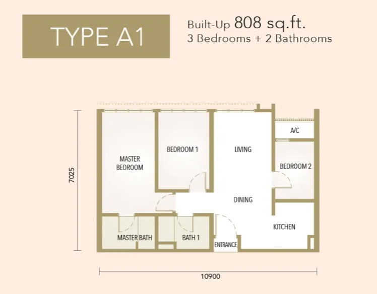 The Maple Residences Type A1 floor plan, about 808 sq ft, 3 bedrooms, 2 bathrooms