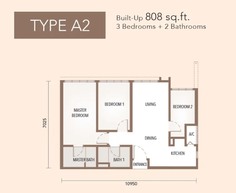 The Maple Residences Type A2 floor plan, about 808 sq ft, 3 bedrooms, 2 bathrooms