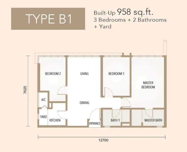 The Maple Residences Type B1 floor plan, about 958 sq ft, 3 bedrooms, 2 bathrooms