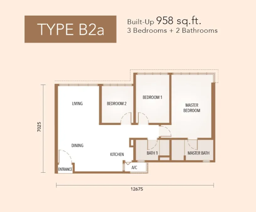 The Maple Residences Type B2a(Open Kitchen) floor plan, about 958 sq ft, 3 bedrooms, 2 bathrooms