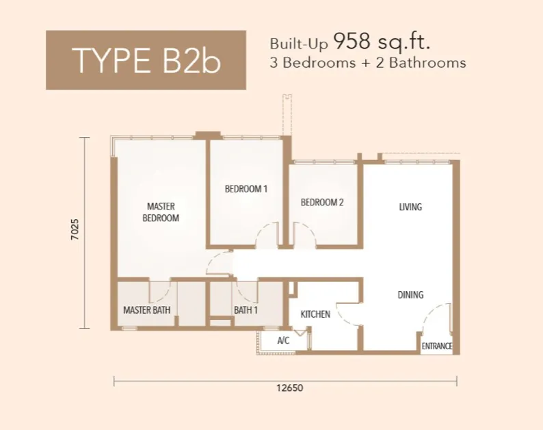 The Maple Residences Type B2b(Enclosed Kitchen) floor plan, about 958 sq ft, 3 bedrooms, 2 bathrooms