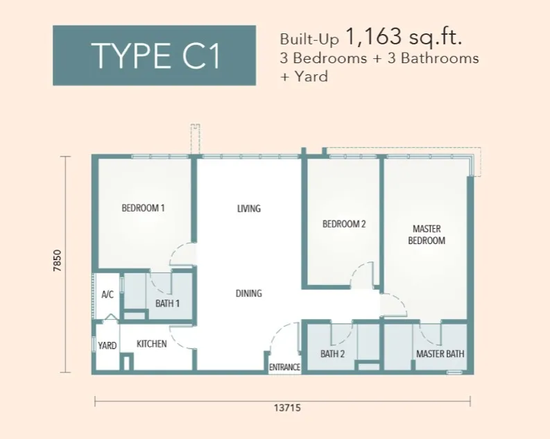 The Maple Residences Type C1 floor plan, about 1163 sq ft, 3 bedrooms, 3 bathrooms