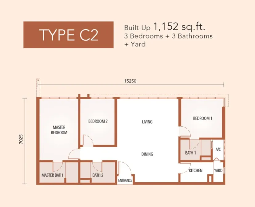 The Maple Residences Type C2 floor plan, about 1152 sq ft, 3 bedrooms, 3 bathrooms