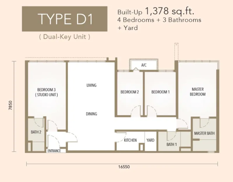 The Maple Residences Type D1(Dual-Key) floor plan, about 1378 sq ft, 4 bedrooms, 3 bathrooms