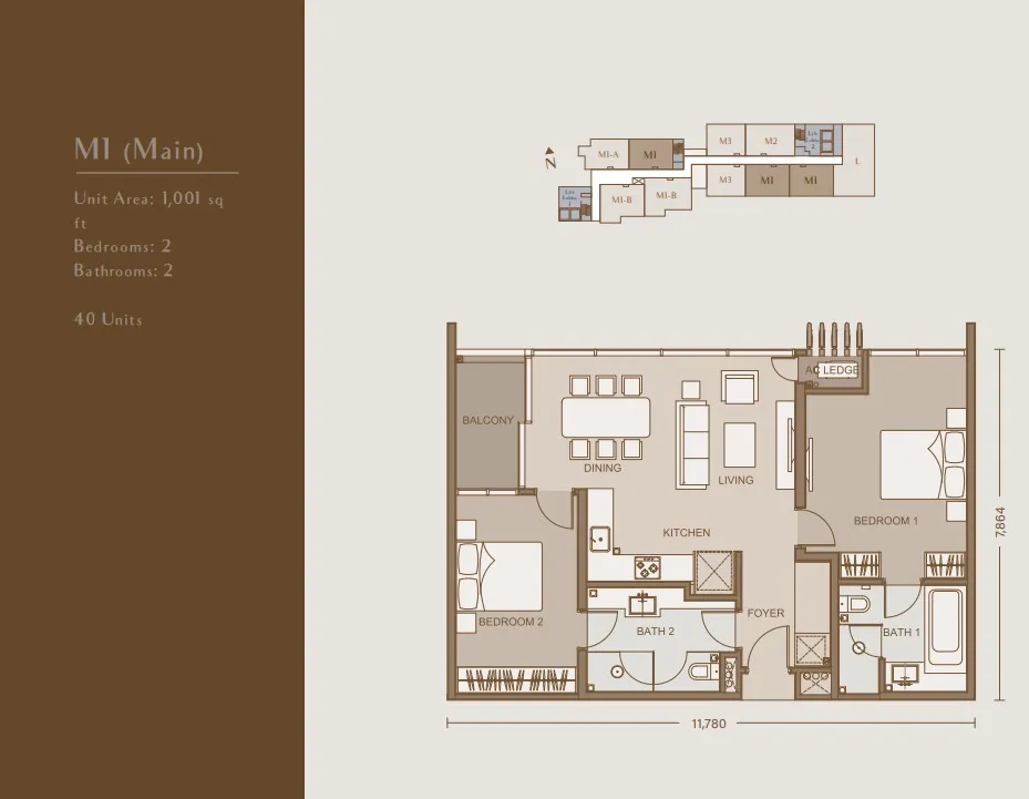 111 Menerung Type M1 floor plan, about 1001 sq ft, 2 bedrooms, 2 bathrooms
