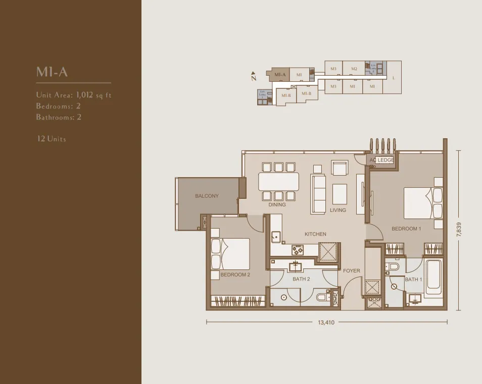 111 Menerung Type M1 floor plan, about 1001 sq ft, 2 bedrooms, 2 bathrooms