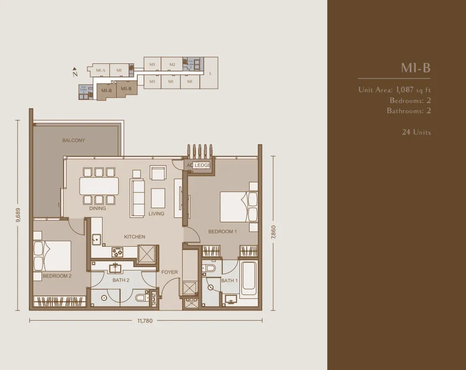111 Menerung Type M1 floor plan, about 1001 sq ft, 2 bedrooms, 2 bathrooms