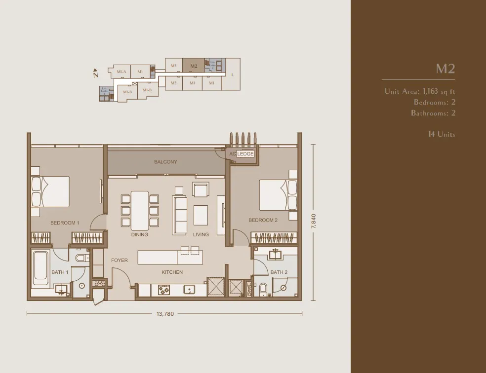 111 Menerung Type M2 floor plan, about 1163 sq ft, 2 bedrooms, 2 bathrooms