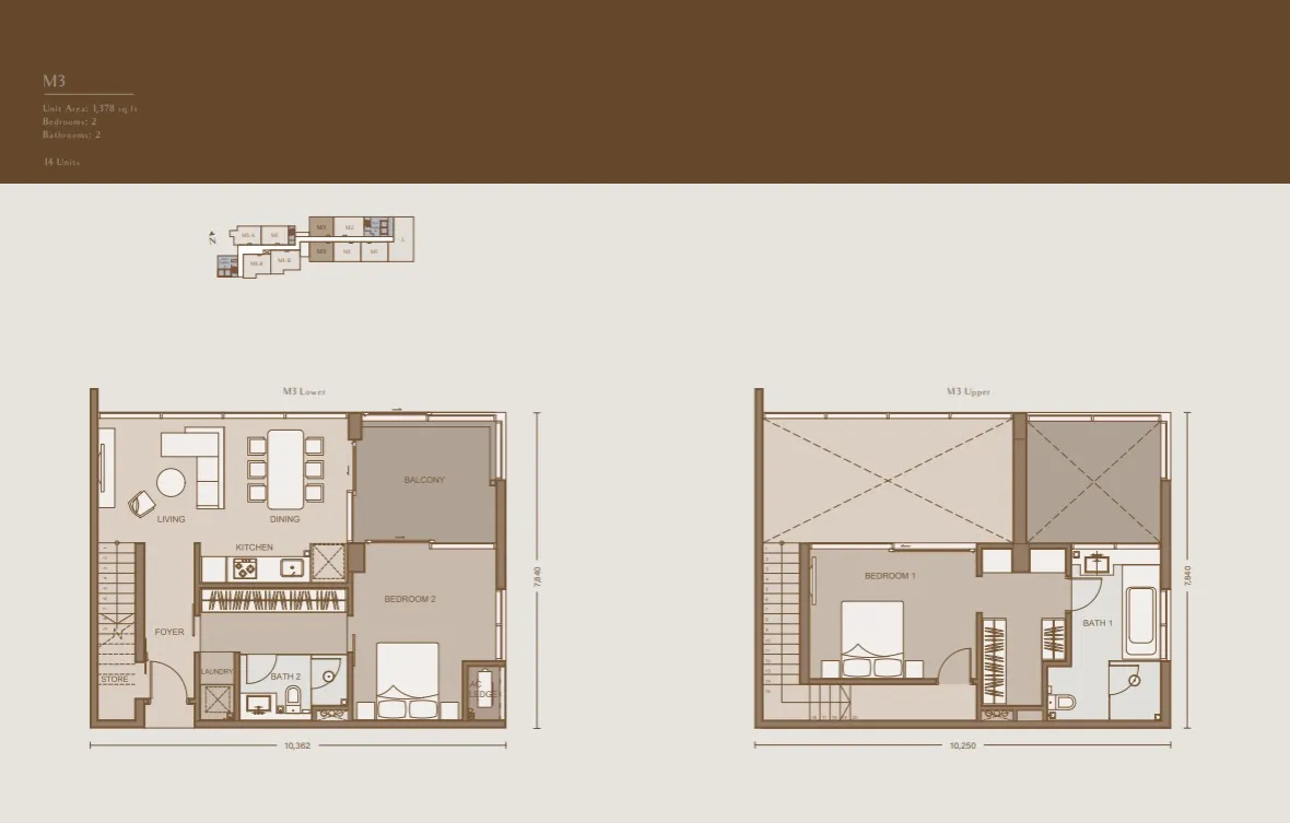 111 Menerung Type M3(Duplex) floor plan, about 1378 sq ft, 2 bedrooms, 2 bathrooms