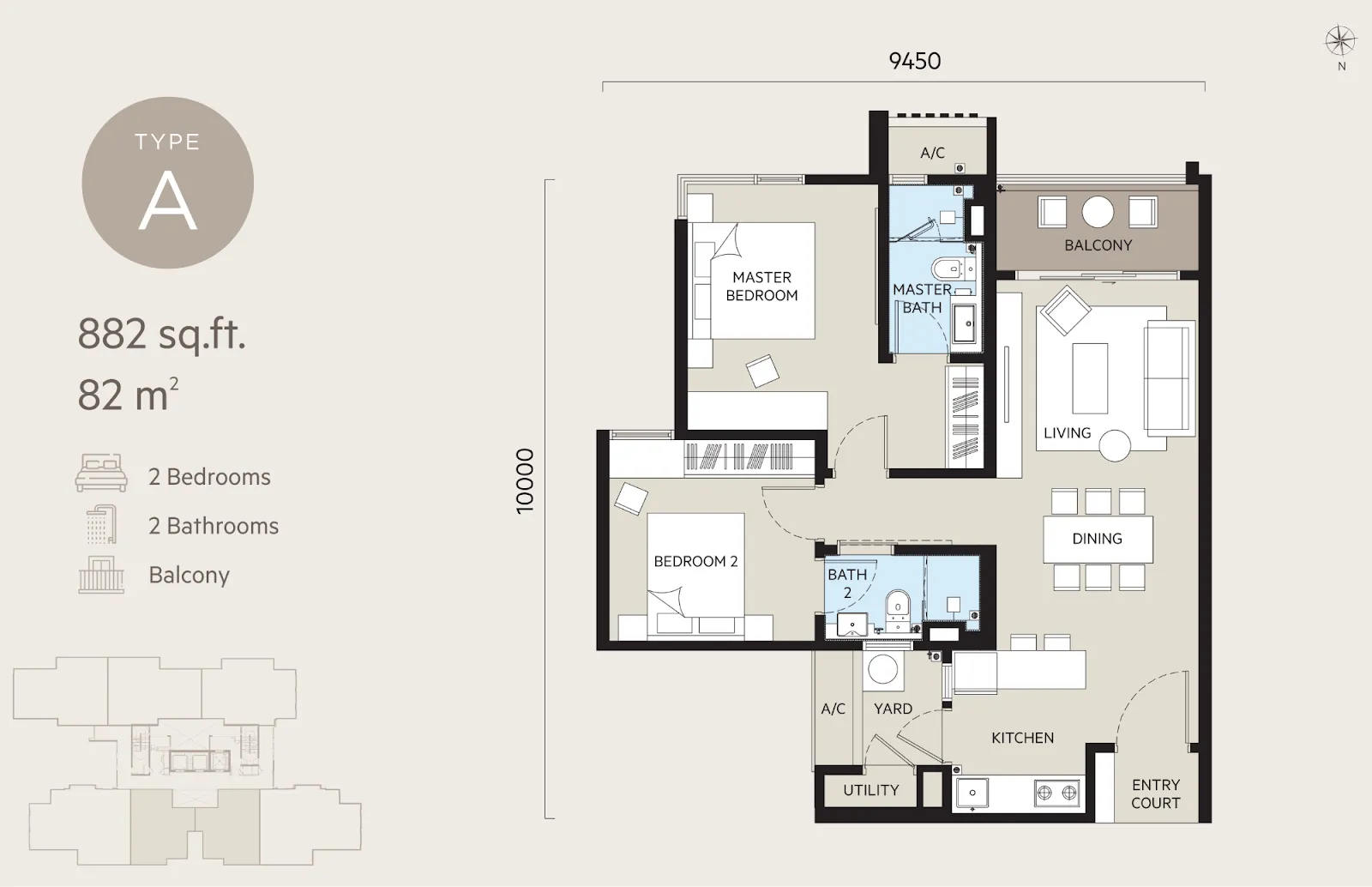 OAKA Residences Type A floor plan, about 882 sq ft, 2 bedrooms, 2 bathrooms