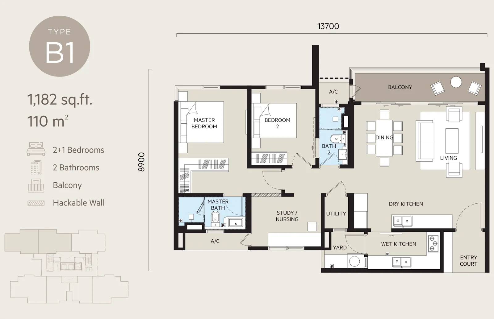 OAKA Residences Type B1 & B2 floor plan, about 1182 sq ft, 2 bathrooms