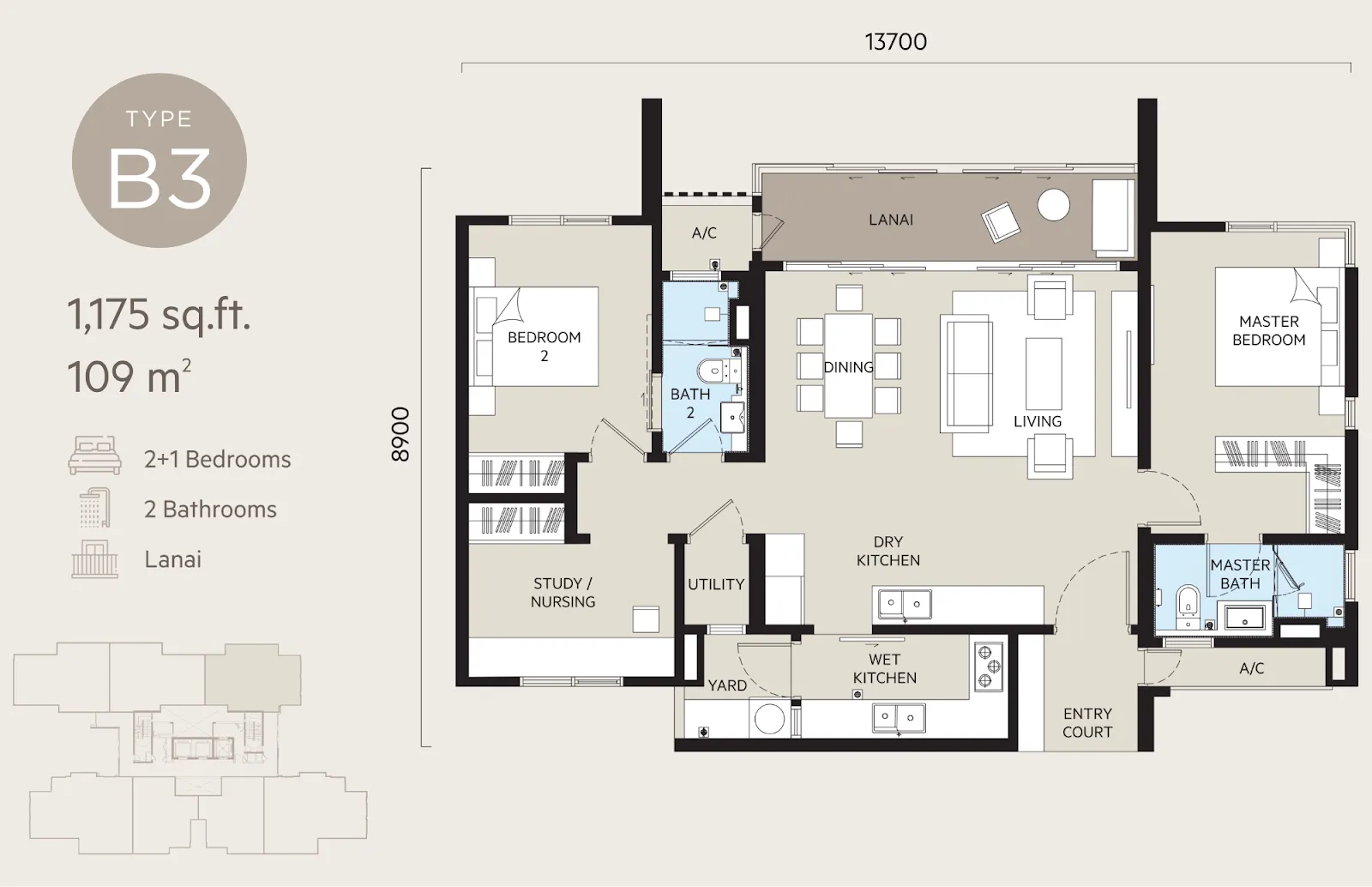 OAKA Residences Type B3(Lanai) floor plan, about 1175 sq ft, 2 bathrooms
