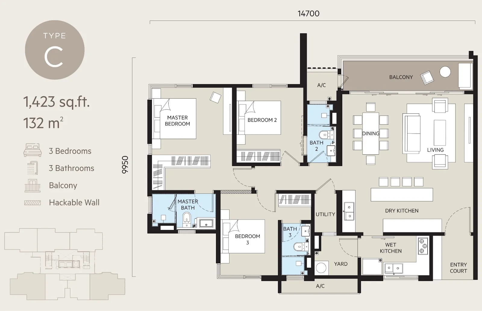 OAKA Residences Type C floor plan, about 1423 sq ft, 3 bedrooms, 3 bathrooms